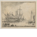 Zwei Dreimaster im Hafen, Blatt 6 der Folge "Seestücke mit Ansichten des IJ, Amsterdam, Rotterdam und Katwijk" (Hollstein Nr. 1-10)