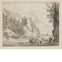 Beladung von Booten in felsiger Flusslandschaft, Blatt 3 der Folge "Verschiedene Ansichten des Rheins"